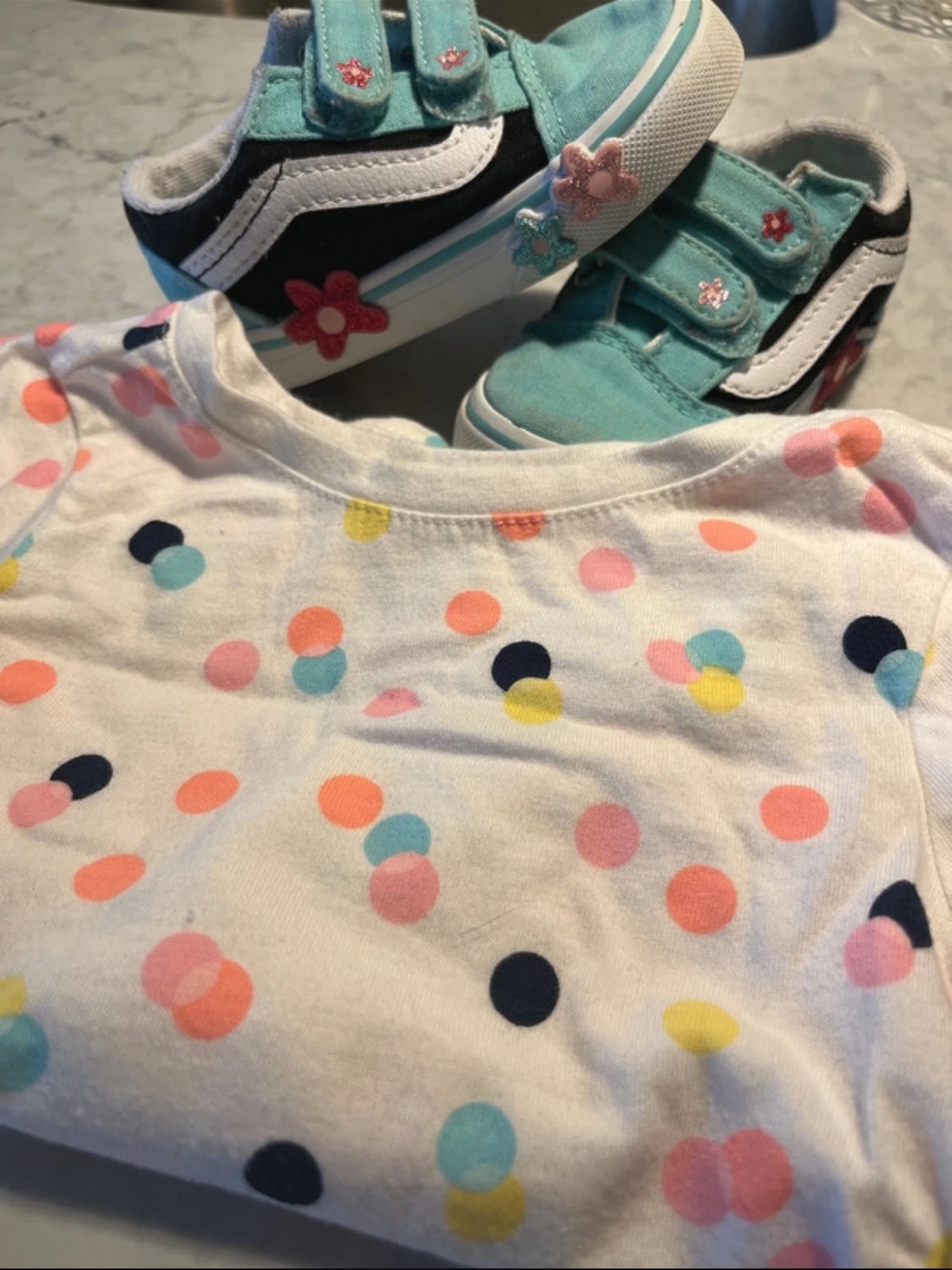 Vans Kids Teal Velcro Sneakers & Polka Dot Long Sleeve - Teal, White, Pink